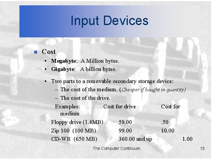 Input Devices n Cost • Megabyte: A Million bytes. • Gigabyte: A billion bytes.