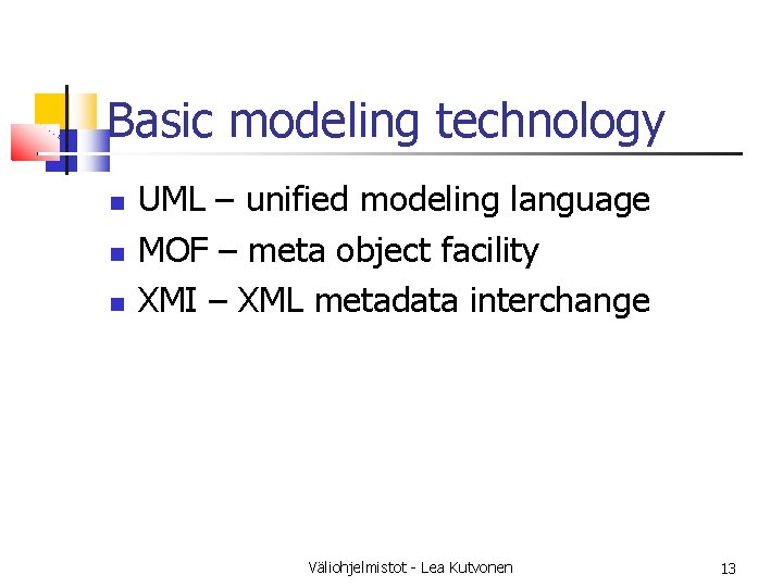 Basic modeling technology UML – unified modeling language MOF – meta object facility XMI Basic modeling technology UML – unified modeling language MOF – meta object facility XMI