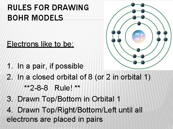 RULES FOR DRAWING BOHR MODELS Electrons like to be: 1. In a pair, if