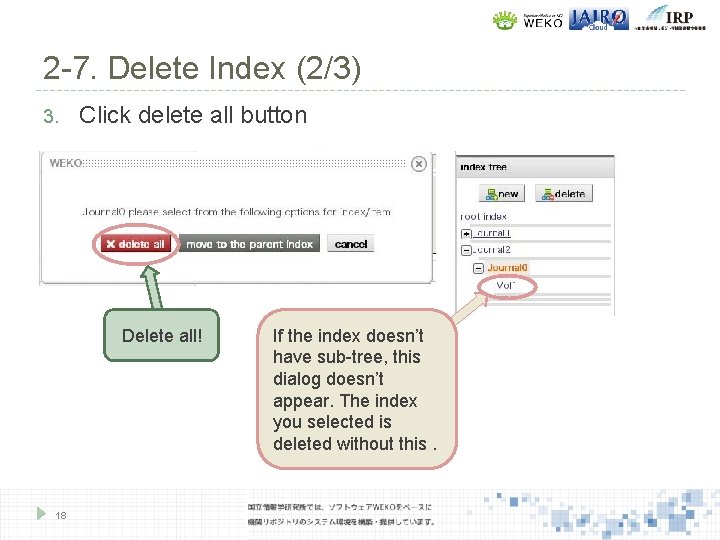 2 -7. Delete Index (2/3) 3. Click delete all button Delete all! 18 If