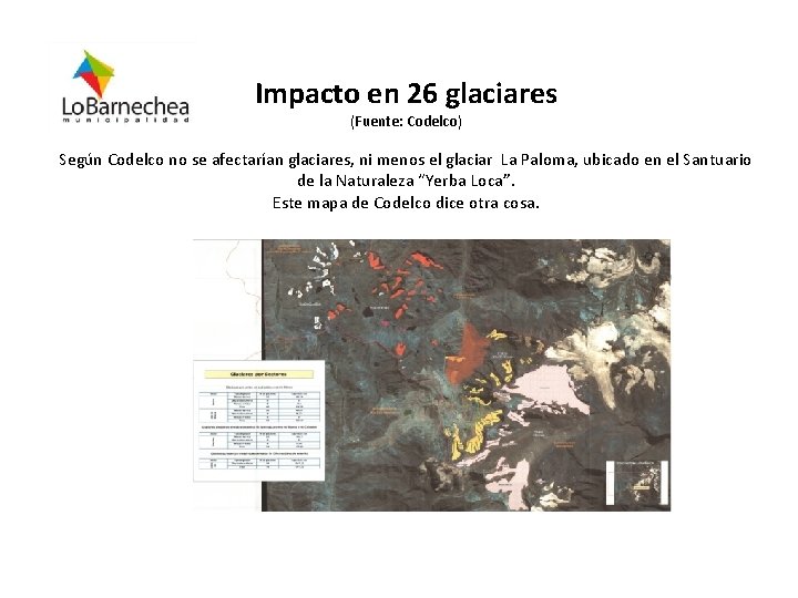 Impacto en 26 glaciares (Fuente: Codelco) Según Codelco no se afectarían glaciares, ni menos