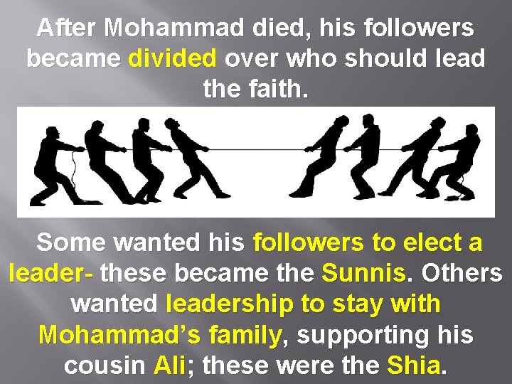 After Mohammad died, his followers became divided over who should lead the faith. Some