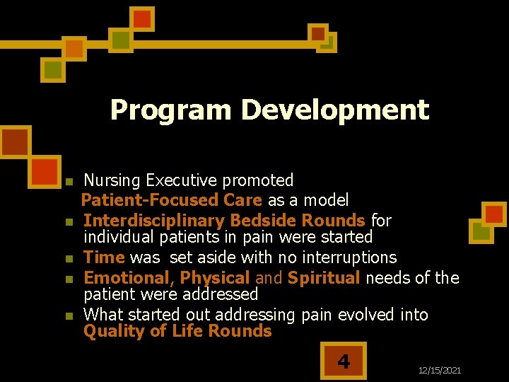 Program Development n n n Nursing Executive promoted Patient-Focused Care as a model Interdisciplinary