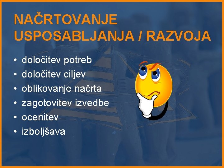 NAČRTOVANJE USPOSABLJANJA / RAZVOJA • • • določitev potreb določitev ciljev oblikovanje načrta zagotovitev