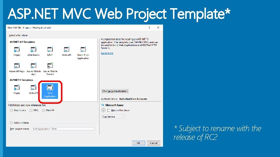 ASP. NET MVC Web Project Template* * Subject to rename with the release of