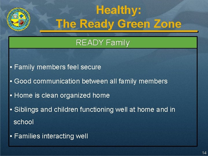 Healthy: The Ready Green Zone READY Family • Family members feel secure • Good