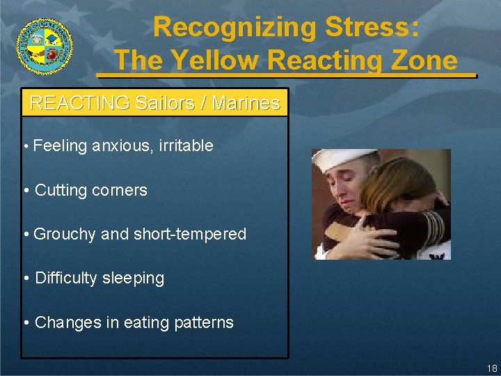 Recognizing Stress: The Yellow Reacting Zone REACTING Sailors / Marines • Feeling anxious, irritable