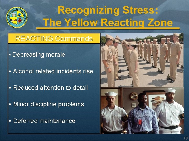 Recognizing Stress: The Yellow Reacting Zone REACTING Commands • Decreasing morale • Alcohol related