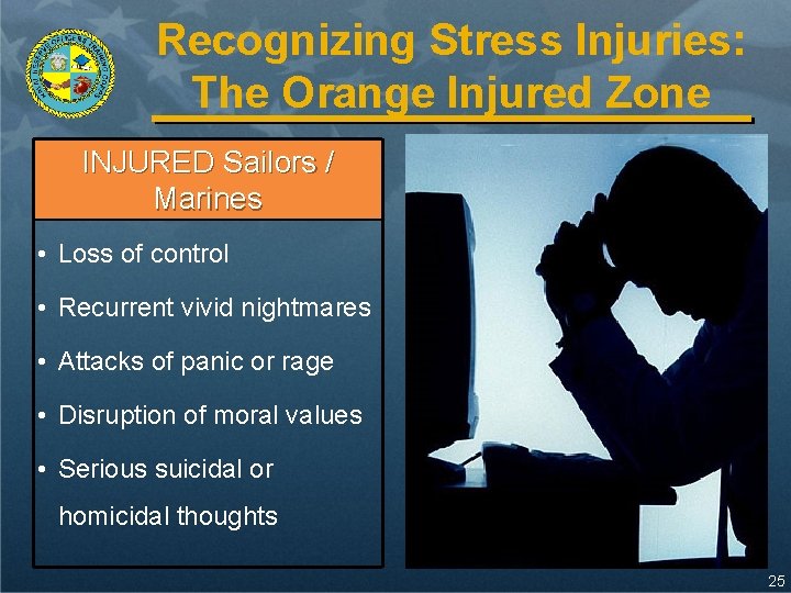 Recognizing Stress Injuries: The Orange Injured Zone INJURED Sailors / Marines • Loss of