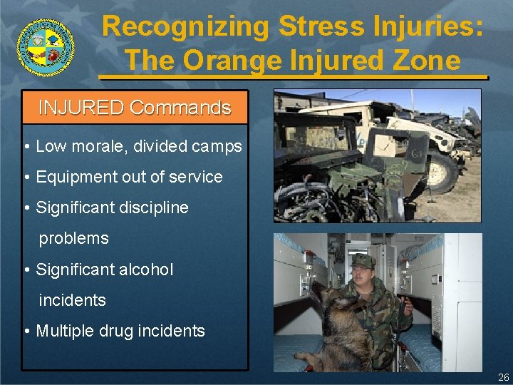 Recognizing Stress Injuries: The Orange Injured Zone INJURED Commands • Low morale, divided camps