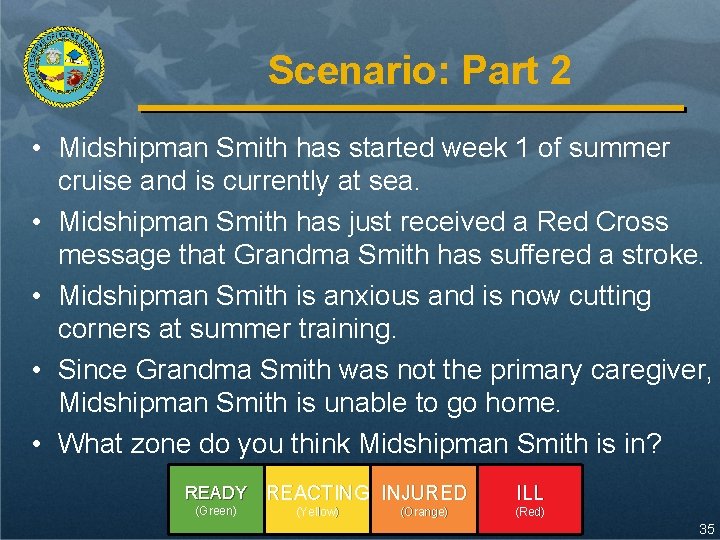 Scenario: Part 2 • Midshipman Smith has started week 1 of summer cruise and