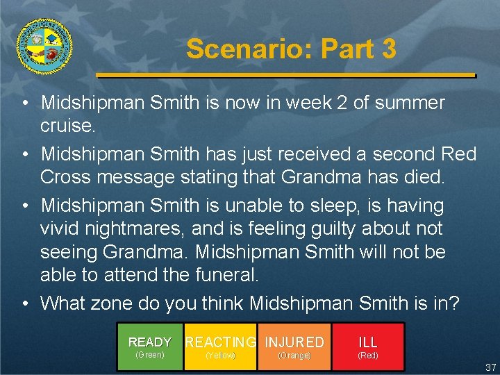 Scenario: Part 3 • Midshipman Smith is now in week 2 of summer cruise.