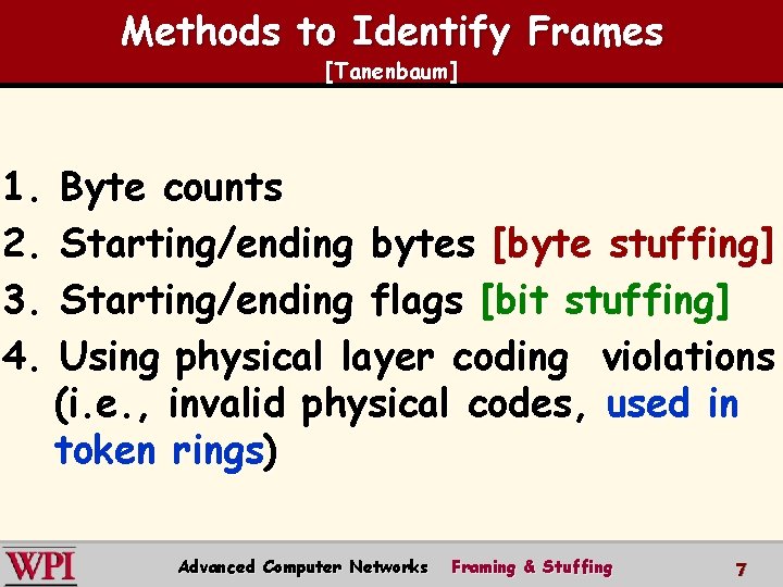 Methods to Identify Frames [Tanenbaum] 1. 2. 3. 4. Byte counts Starting/ending bytes [byte