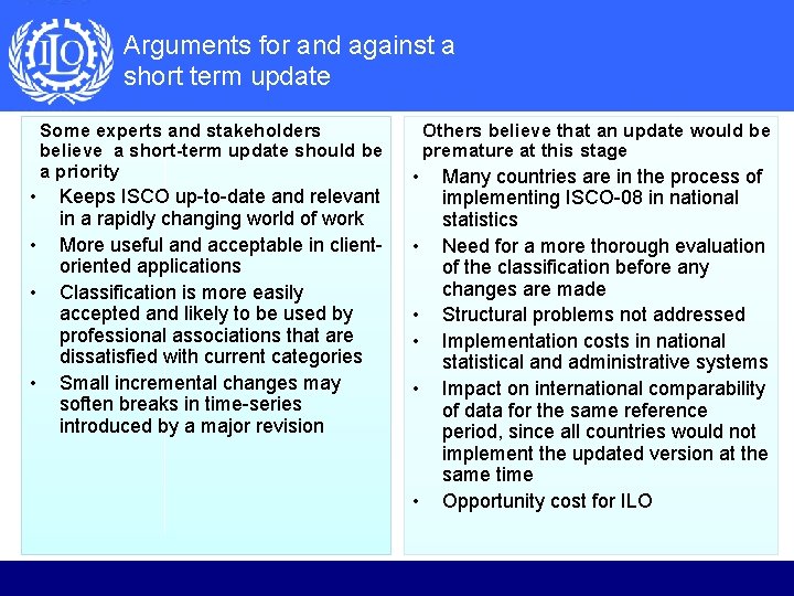 Arguments for and against a short term update Some experts and stakeholders believe a