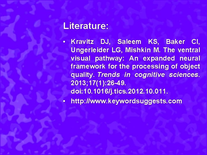 Literature: • Kravitz DJ, Saleem KS, Baker CI, Ungerleider LG, Mishkin M. The ventral