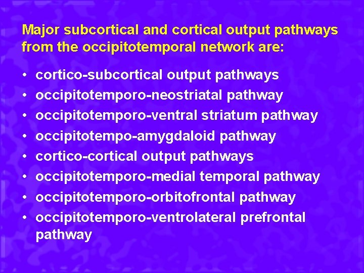 Major subcortical and cortical output pathways from the occipitotemporal network are: • • cortico-subcortical