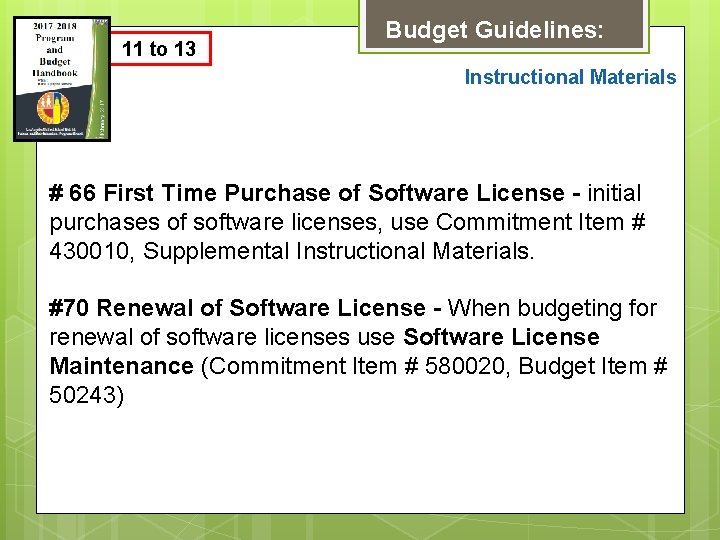 11 to 13 Budget Guidelines: Instructional Materials # 66 First Time Purchase of Software