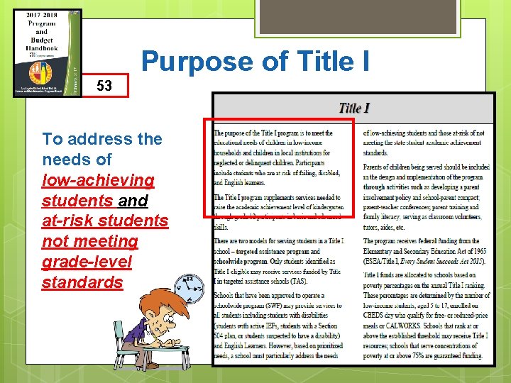 Purpose of Title I 53 To address the needs of low-achieving students and at-risk