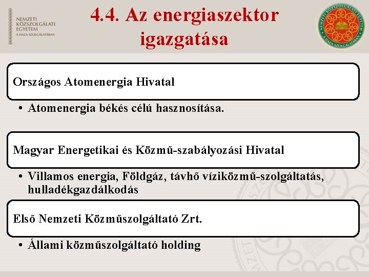 4. 4. Az energiaszektor igazgatása Országos Atomenergia Hivatal • Atomenergia békés célú hasznosítása. Magyar