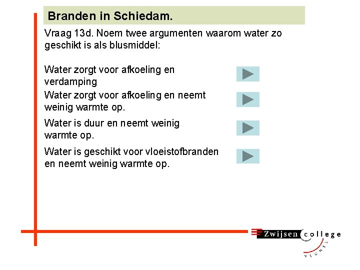 Branden in Schiedam. Vraag 13 d. Noem twee argumenten waarom water zo geschikt is