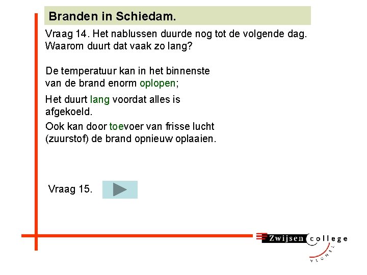 Branden in Schiedam. Vraag 14. Het nablussen duurde nog tot de volgende dag. Waarom