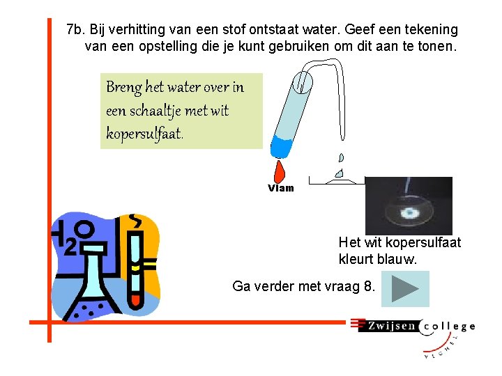 7 b. Bij verhitting van een stof ontstaat water. Geef een tekening van een