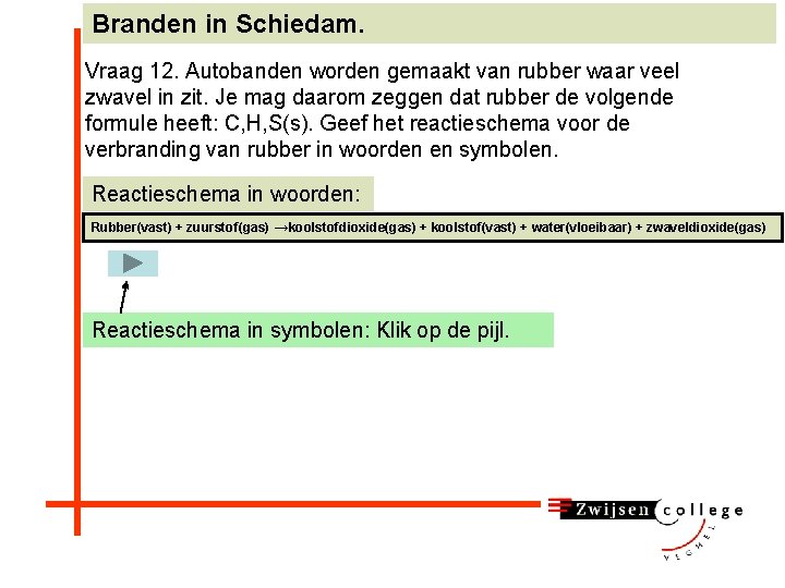 Branden in Schiedam. Vraag 12. Autobanden worden gemaakt van rubber waar veel zwavel in