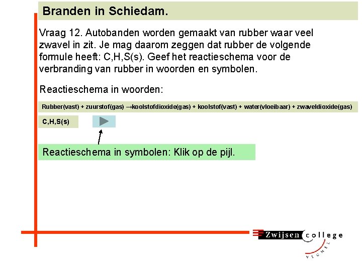 Branden in Schiedam. Vraag 12. Autobanden worden gemaakt van rubber waar veel zwavel in