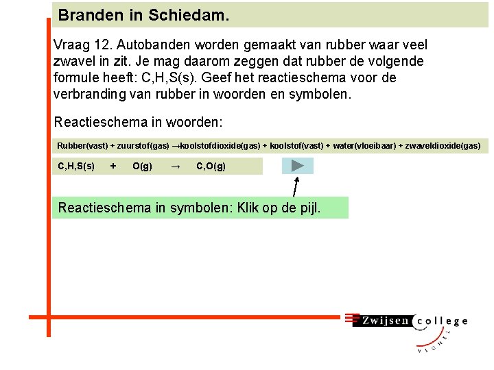 Branden in Schiedam. Vraag 12. Autobanden worden gemaakt van rubber waar veel zwavel in