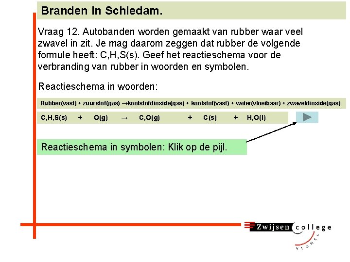 Branden in Schiedam. Vraag 12. Autobanden worden gemaakt van rubber waar veel zwavel in