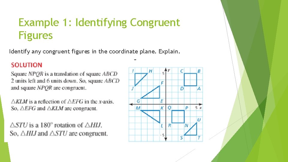 Example 1: Identifying Congruent Figures Identify any congruent figures in the coordinate plane. Explain.