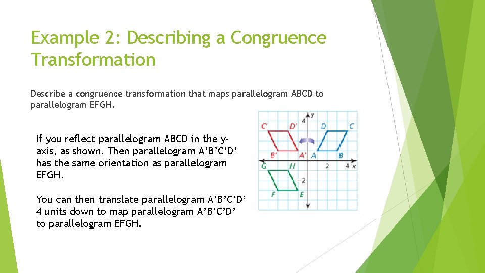 Example 2: Describing a Congruence Transformation Describe a congruence transformation that maps parallelogram ABCD