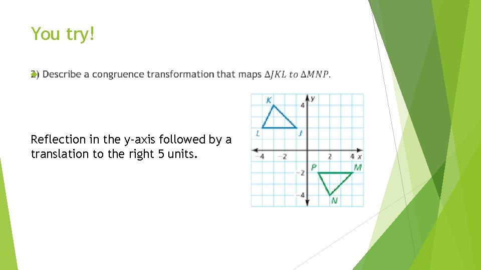 You try! Reflection in the y-axis followed by a translation to the right 5