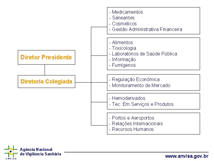 - Medicamentos - Saneantes - Cosméticos - Gestão Administrativa Financeira Diretor Presidente Diretoria Colegiada