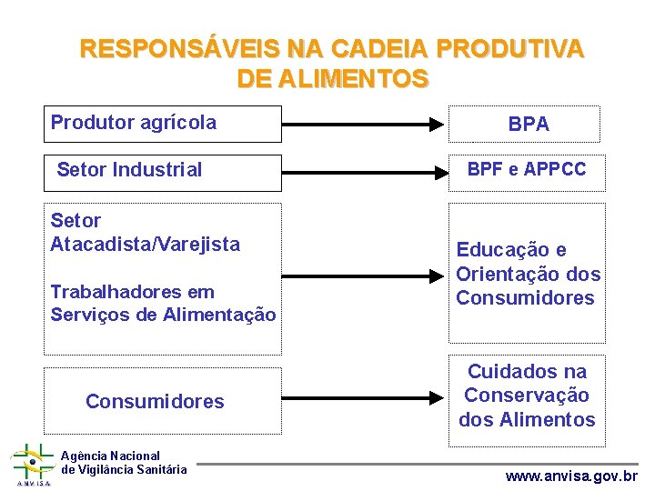 RESPONSÁVEIS NA CADEIA PRODUTIVA DE ALIMENTOS Produtor agrícola BPA Setor Industrial BPF e APPCC