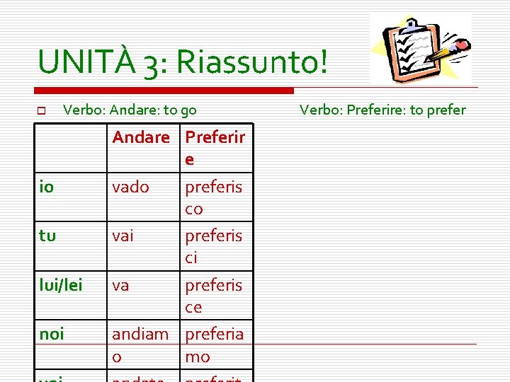 UNITÀ 3: Riassunto! o Verbo: Andare: to go io tu lui/lei noi Andare Preferir