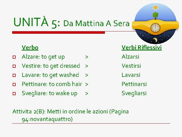 UNITÀ 5: Da Mattina A Sera o o o Verbo Alzare: to get up