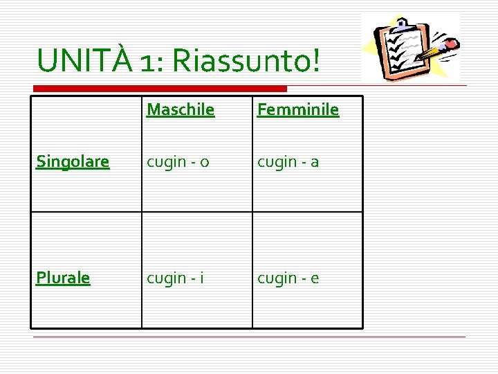 UNITÀ 1: Riassunto! Maschile Femminile Singolare cugin - o cugin - a Plurale cugin