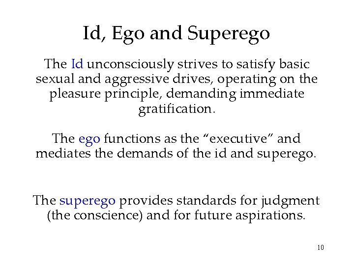 Id, Ego and Superego The Id unconsciously strives to satisfy basic sexual and aggressive