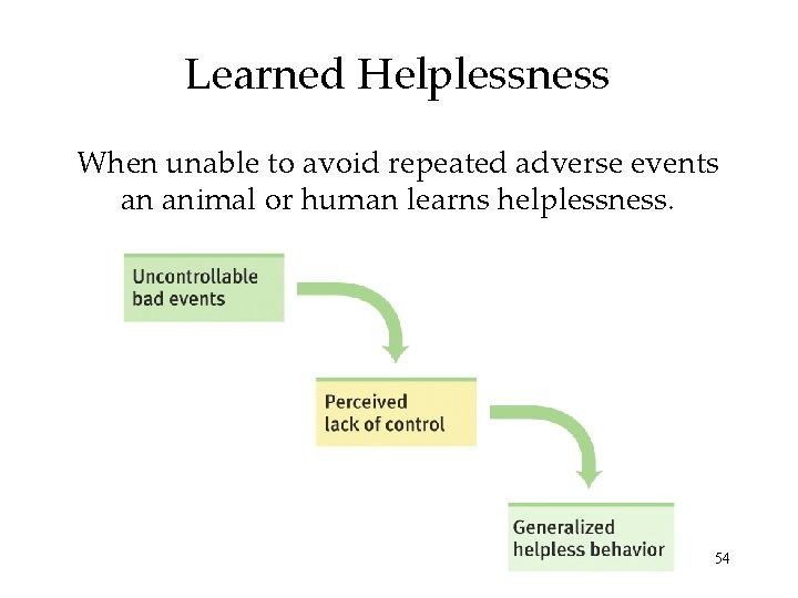 Learned Helplessness When unable to avoid repeated adverse events an animal or human learns