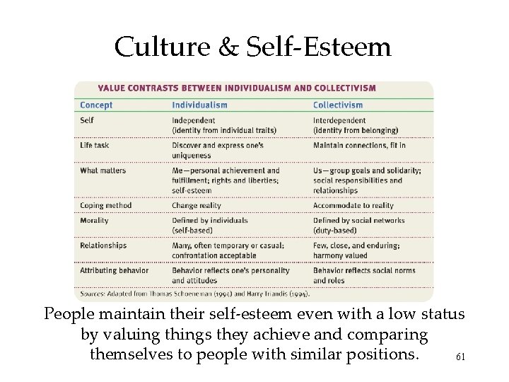 Culture & Self-Esteem People maintain their self-esteem even with a low status by valuing