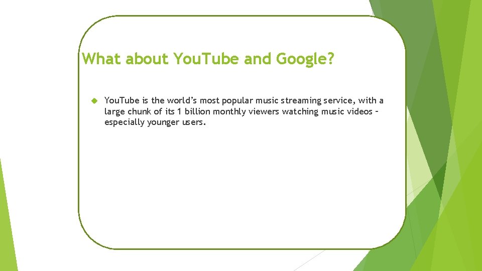 What about You. Tube and Google? You. Tube is the world’s most popular music