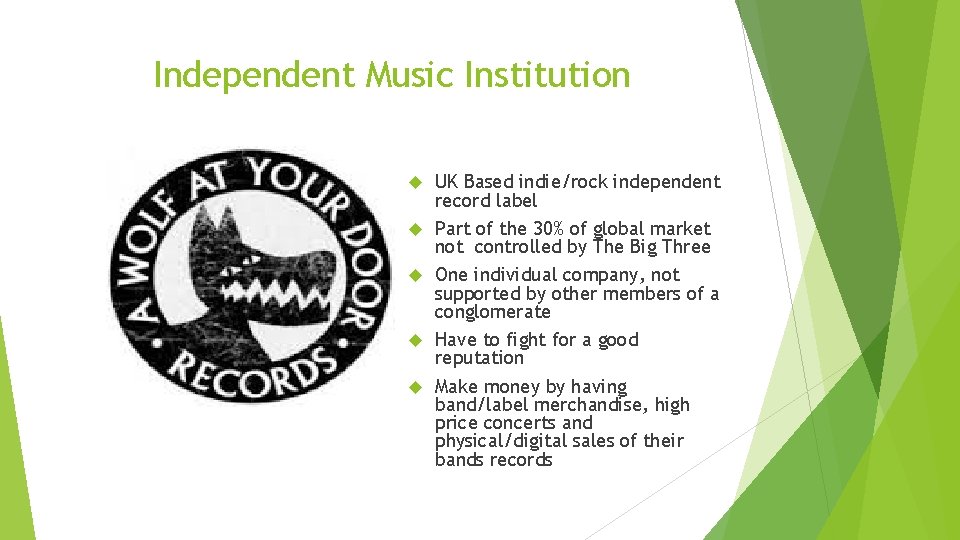Independent Music Institution UK Based indie/rock independent record label Part of the 30% of