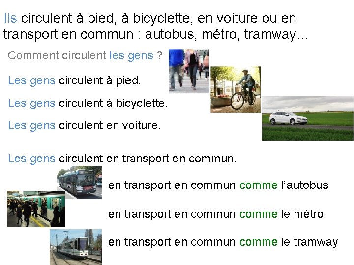 Ils circulent à pied, à bicyclette, en voiture ou en transport en commun :