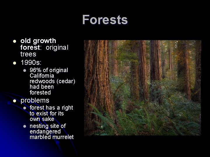 Forests l l old growth forest: original trees 1990 s: l l 96% of