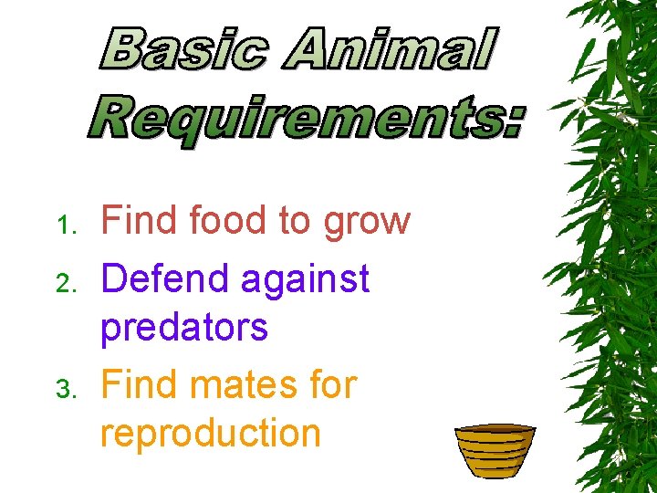 1. 2. 3. Find food to grow Defend against predators Find mates for reproduction 1. 2. 3. Find food to grow Defend against predators Find mates for reproduction