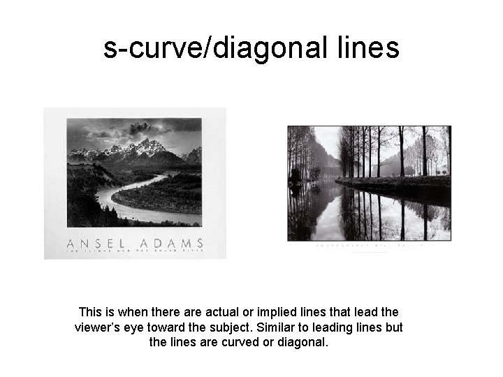 s-curve/diagonal lines This is when there actual or implied lines that lead the viewer’s