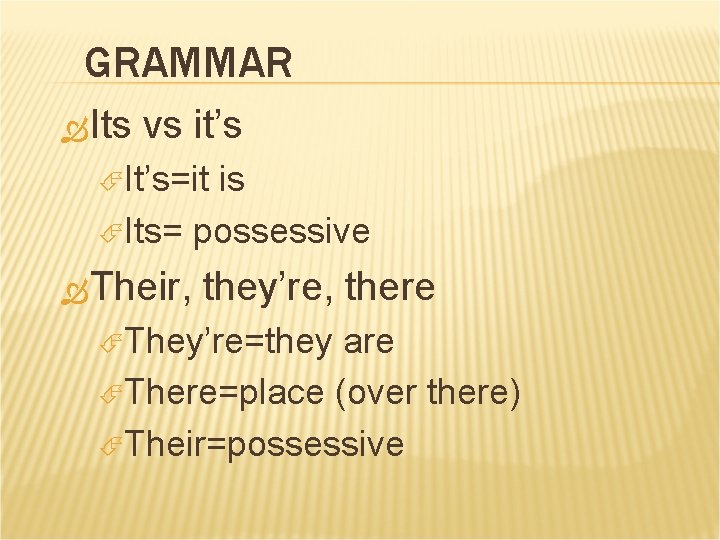 GRAMMAR Its vs it’s It’s=it is Its= possessive Their, they’re, there They’re=they are There=place