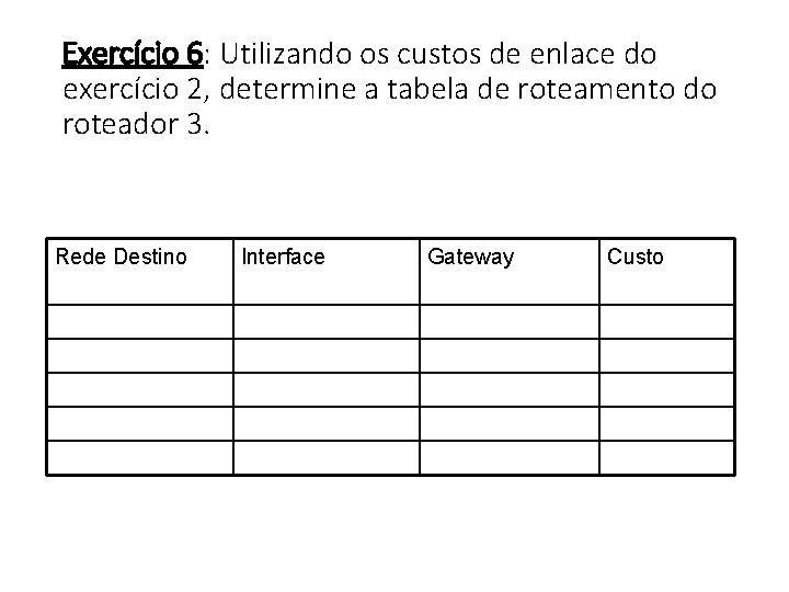 Exercício 6: Utilizando os custos de enlace do exercício 2, determine a tabela de