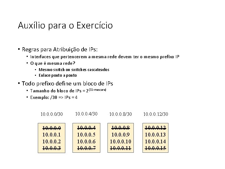 Auxílio para o Exercício • Regras para Atribuição de IPs: • Interfaces que pertencerem